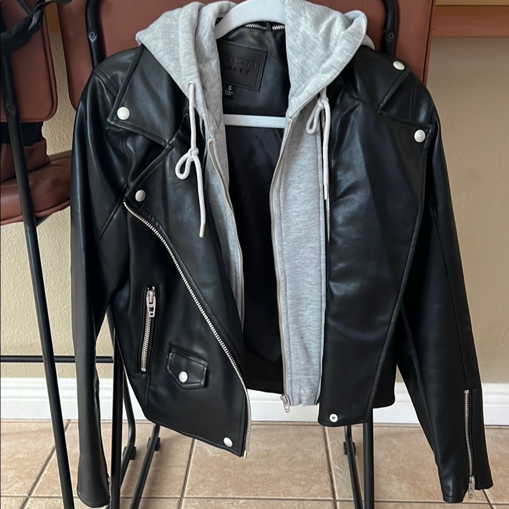 Blank NYC Black Leather Jacket with Gray Hoodie